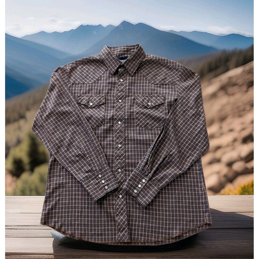 WRANGLER PEARL SNAP WESTERN SHIRT MENS SIZE L BROWN PLAID EUC